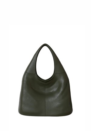 Dark green leather handbag with wide, rounded handle and soft, slouchy rectangular shape, featuring subtle stitching details.