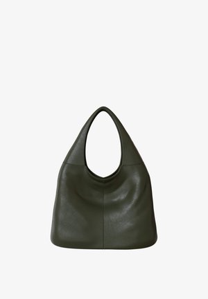 Dark green leather handbag with wide, rounded handle and soft, slouchy rectangular shape, featuring subtle stitching details.