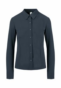 Donker marineblauw lange mouw knoopshirt met een klassieke kraag, aansluitend ontwerp en een gladde textuur. Voorzien van bijpassende knopen aan de voorkant.