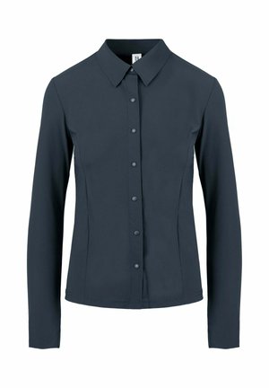 Dark navy long-sleeve button-up shirt with a classic collar, fitted design, and smooth texture. Features matching buttons down the front.