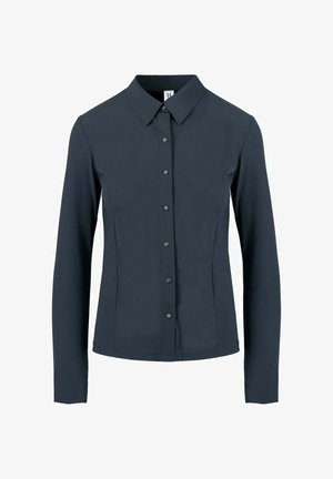 Dark navy long-sleeve button-up shirt with a classic collar, fitted design, and smooth texture. Features matching buttons down the front.