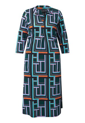 Langärmeliges, knielanges Kleid mit geometrischem Quadratmuster in Dunkelgrün, Schwarz, Pink, Blau und Orange, mit Kragen und V-Ausschnitt.