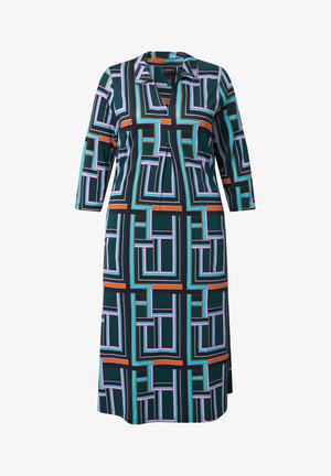 Sukienka z długim rękawem sięgająca do kolan, z geometrycznym wzorem kwadratów w ciemnozielonym, czarnym, różowym, niebieskim i pomarańczowym kolorze, z kołnierzykiem i dekoltem w serek.