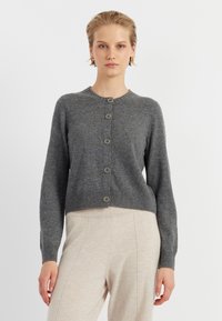 Cardigan grigio lavorato a maglia con scollo rotondo, caratterizzato da sette bottoni sul davanti e polsini e orlo a coste. Indossato con pantaloni beige.