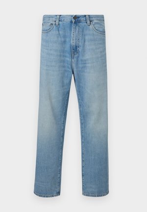 Light blue straight-leg jeans with five pockets and a button closure, displayed flat on a white background.