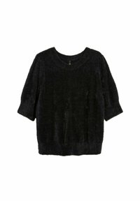 Sort kortærmet sweater med en fuzzy tekstur, bred halsudskæring og ribbet kant. Lavet af blødt materiale, der tilbyder en afslappet pasform.