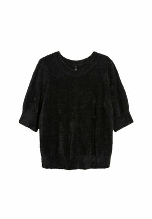 Black short-sleeve sweater with a fuzzy texture, wide neckline, and ribbed hem. Made from soft material, offering a relaxed fit.