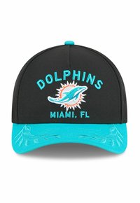 Schwarze Baseballmütze mit türkisfarbenem Schirm und gesticktem Text "DOLPHINS MIAMI, FL" sowie einem Delfinlogo und stilisierten Akzenten am Schirm.