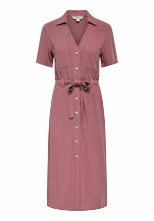 Mauve midi-jurk met korte mouwen, kraag, knopen aan de voorkant, twee borstzakken en een bijpassende stoffen ceintuur gestrikt rond de taille.