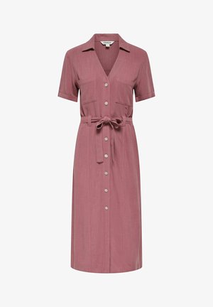 Vestido midi mauve de manga corta con cuello, botones delanteros, dos bolsillos en el pecho y un cinturón de tela a juego atado a la cintura.