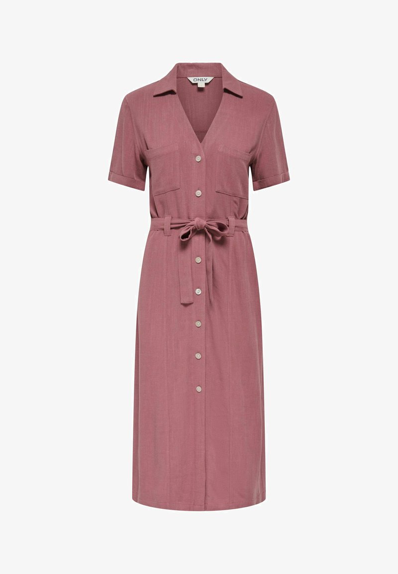 Halványlila rövid ujjú midi ruha gallérral, elöl gombokkal, két mellzsebbel, és deréknál megkötött, azonos anyagból készült övvel.