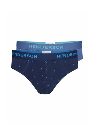 Zwei Paar Herren-Slips, ein einfarbiges blau und ein marineblau mit blauem Textmuster, beide mit "HENDERSON" am Bund.