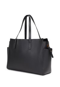 Borsa a tote nera in pelle con manici doppi, texture liscia, design minimale e tasca laterale con un accentuazione dorata.