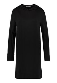 Abito lungo nero a maniche lunghe con cappuccio, caratterizzato da una texture morbida e liscia, una vestibilità rilassata e un sottile motivo a costine sul tessuto.