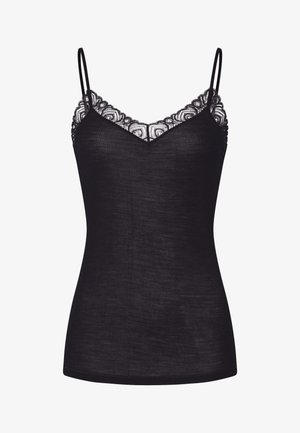 Camisola nera con sottili spalline regolabili, caratterizzata da un bordo in pizzo lungo il colletto, tessuto a coste testurizzato e una silhouette aderente.
