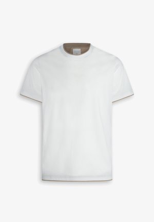 Camiseta blanca lisa de manga corta con cuello redondo, corte clásico y sutil detalle beige en el interior del cuello.