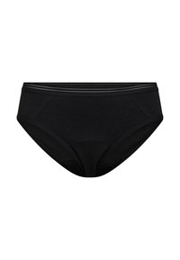 Sort bomuldsbokser med en glat overflade, der har en kontrasterende elastisk talje med tynde sølvstriber, designet til komfort og dækning.