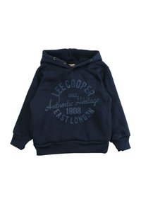 Sweat à capuche bleu marine en coton avec une poche kangourou, une capuche à cordon et un texte imprimé : "LEE COOPER Authentic Heritage 1908 EAST LONDON."