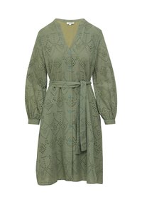 Abito in cotone verde con scollatura a V, maniche lunghe e chiusura a bottoni. Presenta dettagli forati e una cintura coordinata in vita.