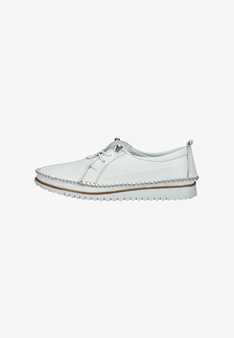Scarpe stringate in pelle bianca con dettagli cuciti, punta tonda e suola bianca texturizzata. Caratterizzate da un design minimalista e da un profilo basso.