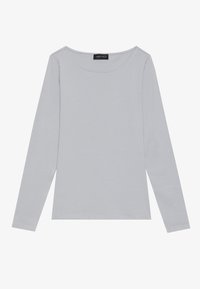 T-shirt grigio chiaro a maniche lunghe con scollatura a barca, realizzato in tessuto morbido. Design semplice, senza motivi o decorazioni. Etichetta sul collo.