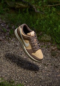 Barna és bézs Nike sportcipők, perforált orral, varrt részletekkel és párnázott bokával. Az aljzata textúrázott a tapadás érdekében.