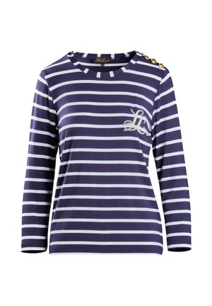 Navy and white striped long-sleeve shirt with a crew neck, featuring gold button accents on the shoulder and an embroidered logo.