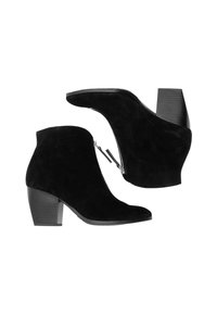 Bocanci scurți din suede negru, cu vârf ascuțit, închidere cu fermoar și toc îngust. Textură netedă cu finisaj mat și design elegant.