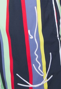 Multicolored shorts featuring vertical stripes in green, red, blue, and yellow, with white embroidered abstract design on dark fabric.