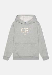 Szara bluza z kapturem wykonana z miękkiego materiału, z przednią kieszenią, kapturem ze sznurkiem oraz dużym złotym logo "CR7" z emblematem Nike.