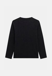 Maglietta nera a maniche lunghe con scollo rotondo, distesa piatta, che mostra il retro con un design semplice e privo di motivi visibili.