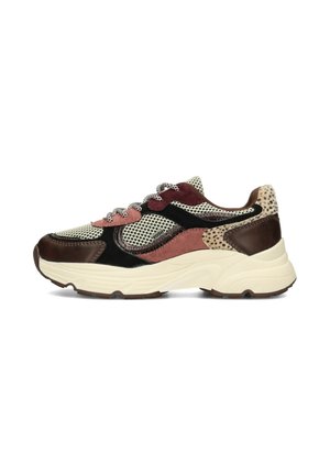 Chunky Sneaker mit beigem Mesh, braunem Leder, rosa Wildleder, schwarzen Akzenten und Details mit Animal-Print an der Ferse sowie gemusterten Schnürsenkeln.