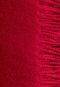 Red wool scarf featuring soft, textured fabric with fringe detailing along one edge, creating a cozy and warm appearance.