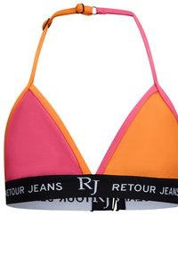 Trójkątny biustonosz bikini w kolorze różowym, pomarańczowym i czarnym. Wykonany z gładkiego materiału z elastycznym paskiem z logo "RETROUR JEANS" oraz regulowanymi ramiączkami.