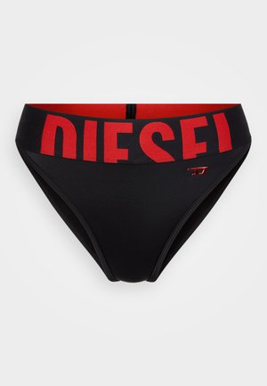 Černé spodní díly bikiny s červeným elastickým pasem s logem "DIESEL". Hladký povrch, tvarovaný střih a odolná tkanina.
