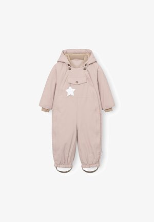 Roza zimska obleka za malčke s kapuco, z gumbki na pritisk, sprednjim žepom in elastičnimi manšetami. Vključuje podrobnost z belim zvezdastim obeskom.