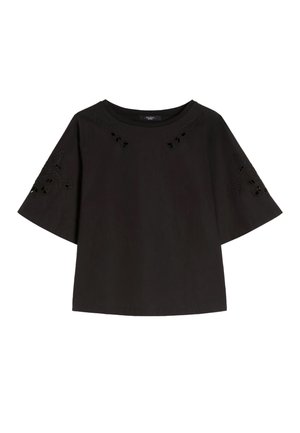 Top nero a maniche corte con maniche larghe e ricamo floreale traforato vicino allo scollo e su entrambe le maniche.