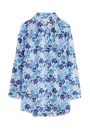 Long-sleeve button-up shirt featuring a light blue background with blue and navy floral patterns. Made of lightweight fabric with a collared neck.