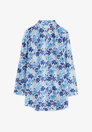 Camicia button-up a maniche lunghe con sfondo azzurro e motivi floreali blu e navy. Realizzata in tessuto leggero con collo a camicia.