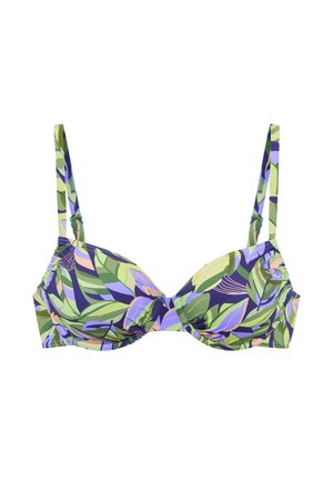 Green and purple patterned bikini top with underwire support, adjustable straps, and gathered detailing at the center. Floral leaf design.