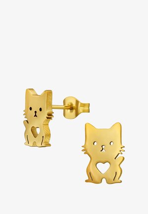 Orecchini a forma di gatto in oro con cuore intagliato e caratteristiche facciali. Finitura liscia, chiusura a perno. Design giocoso; leggeri.