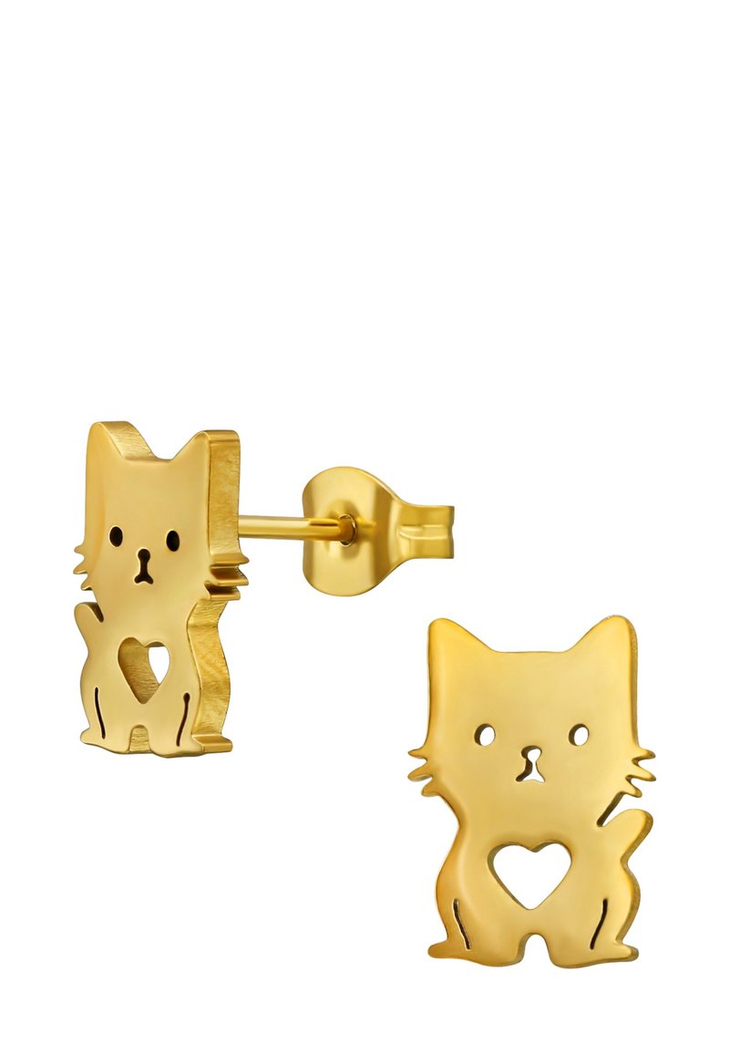 Boucles d'oreilles en forme de chat en or avec des cœurs découpés et des traits du visage. Fini lisse, fermeture à tige. Design ludique ; léger.