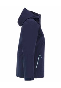 Navy blue waterproof jacket with a hood, side zip pocket, and a smooth texture. Features a contrasting light blue zipper accent.