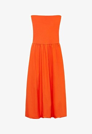 Rochie portocalie fără bretele, cu un corset ajustat și o fustă fluidă, căptușită. Fabricată dintr-un material ușor, are o textură netedă și un design până la genunchi.