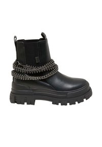 Black ankle boot made of smooth leather with elastic side panels. Features a chunky rubber sole and decorative silver chain wrapped around.