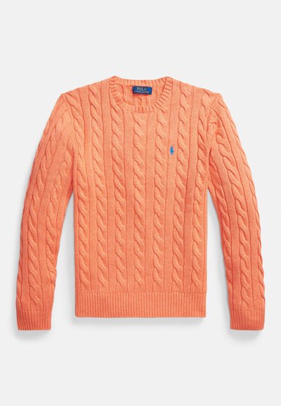 Orange cable-knit long-sleeve sweater with crew neck, ribbed cuffs and hem, featuring a small blue Polo Ralph Lauren logo on the chest.