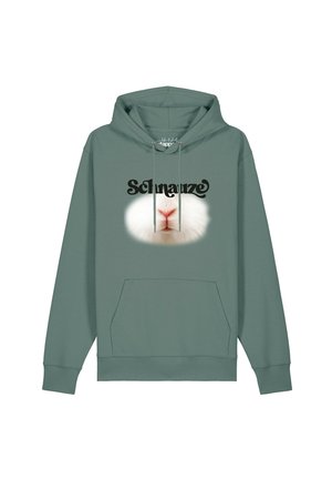 Sweat à capuche vert avec poche avant, avec un gros plan du nez et des moustaches d’un chat blanc et le mot "Schnauze" au-dessus.