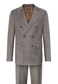 Double-breasted grey suit jacket with brown buttons and matching trousers. Made from textured fabric, featuring notched lapels and two front pockets.