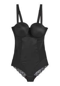 Body nero con coppe sagomate, dettagli in pizzo sulle spalline e in vita, tessuto liscio e design aderente.