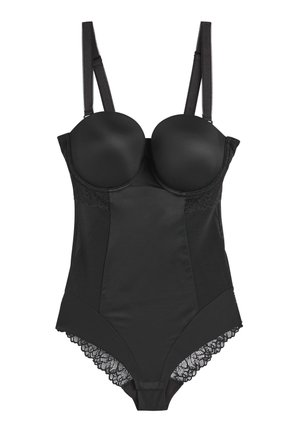 Body noir avec bonnets moulés, accents en dentelle sur les bretelles et à la taille, texture de tissu lisse et coupe ajustée.